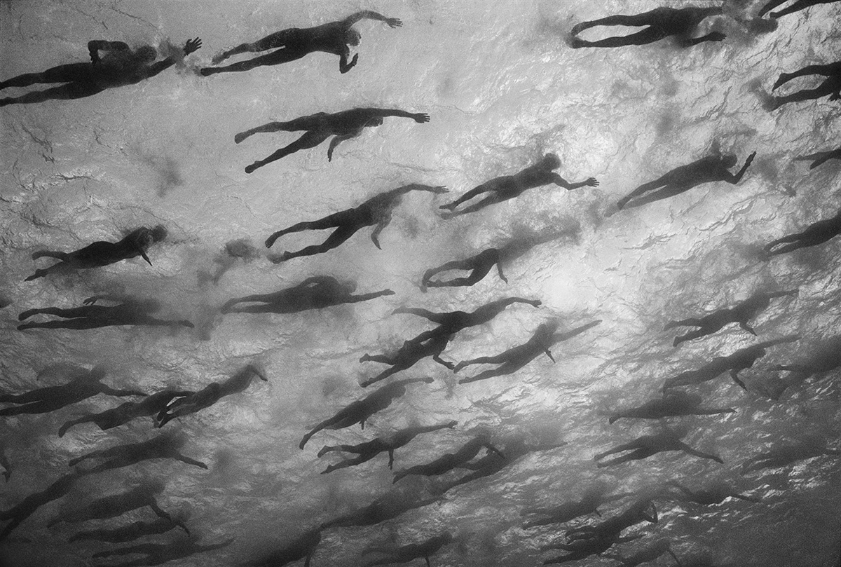 Open-water swimmers, from below